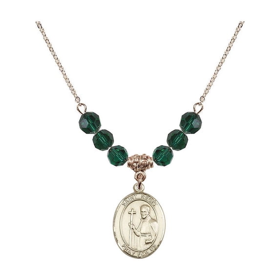 18-Inch Hamilton Gold Plated Necklace with 6mm Green May Birth Month Stone Beads and Saint Regis Charm
