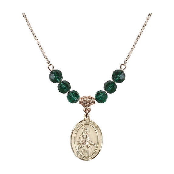 18-Inch Hamilton Gold Plated Necklace with 6mm Green May Birth Month Stone Beads and Saint Remigius of Reims Charm