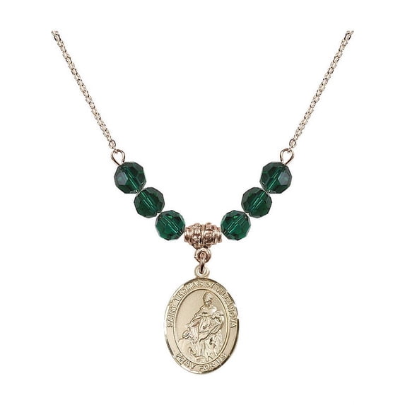18-Inch Hamilton Gold Plated Necklace with 6mm Green May Birth Month Stone Beads and Saint Thomas of Villanova Charm