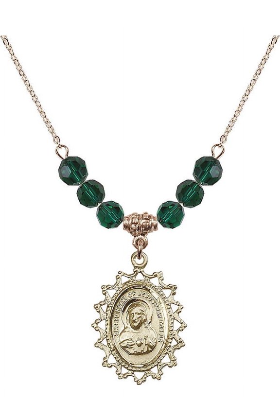 18-Inch Hamilton Gold Plated Necklace with 6mm Green May Birth Month Stone Beads and Scapular Charm
