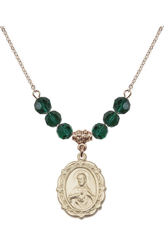 18-Inch Hamilton Gold Plated Necklace with 6mm Green May Birth Month Stone Beads and Scapular Charm