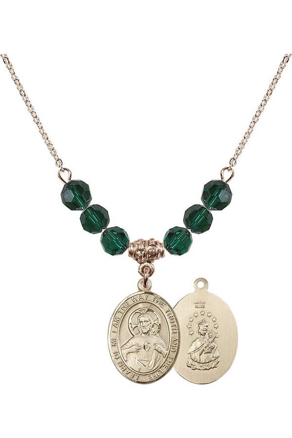 18-Inch Hamilton Gold Plated Necklace with 6mm Green May Birth Month Stone Beads and Scapular Charm