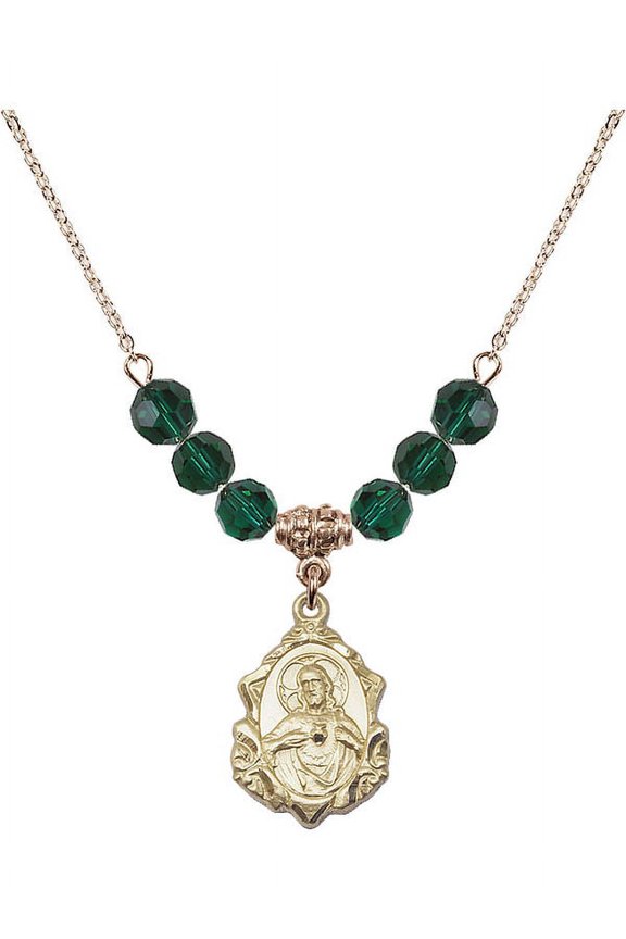 18-Inch Hamilton Gold Plated Necklace with 6mm Green May Birth Month Stone Beads and Scapular Charm