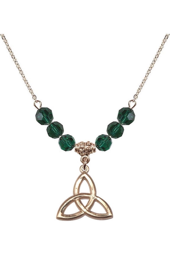 18-Inch Hamilton Gold Plated Necklace with 6mm Green May Birth Month Stone Beads and Trinity Irish Knot Charm