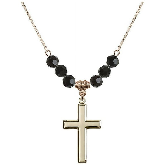 18-Inch Hamilton Gold Plated Necklace with 6mm Jet Birth Month Stone Beads and Cross Charm