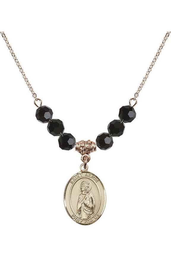 18-Inch Hamilton Gold Plated Necklace with 6mm Jet Birth Month Stone Beads and Saint Alice Charm