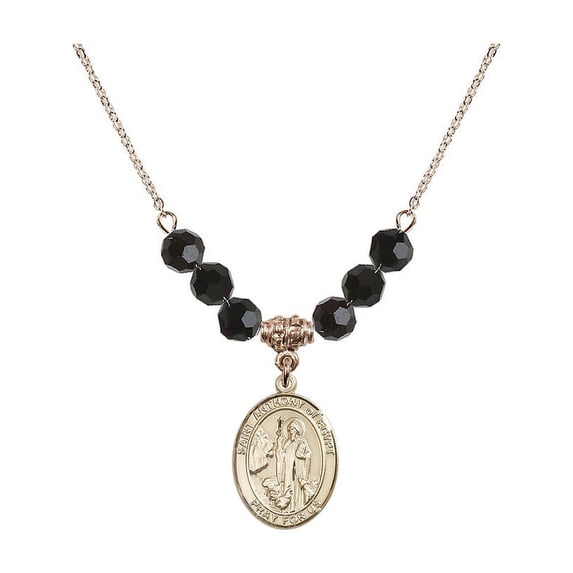 18-Inch Hamilton Gold Plated Necklace with 6mm Jet Birth Month Stone Beads and Saint Anthony of Egypt Charm