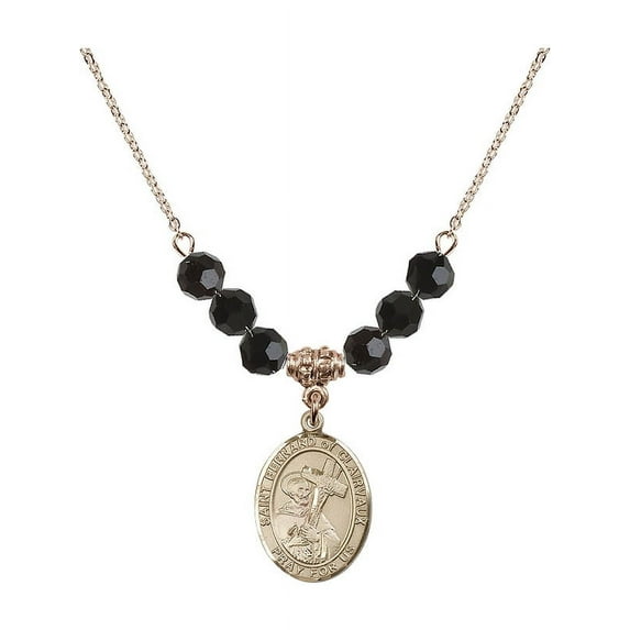 18-Inch Hamilton Gold Plated Necklace with 6mm Jet Birth Month Stone Beads and Saint Bernard of Clairvaux Charm