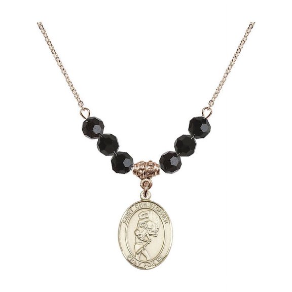18-Inch Hamilton Gold Plated Necklace with 6mm Jet Birth Month Stone Beads and Saint Christopher/Softball Charm
