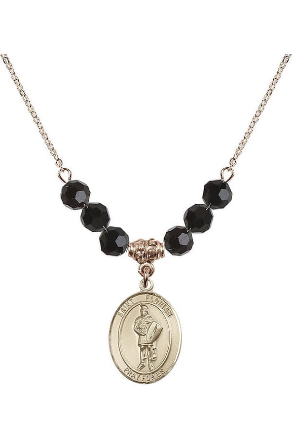 18-Inch Hamilton Gold Plated Necklace with 6mm Jet Birth Month Stone Beads and Saint Florian Charm