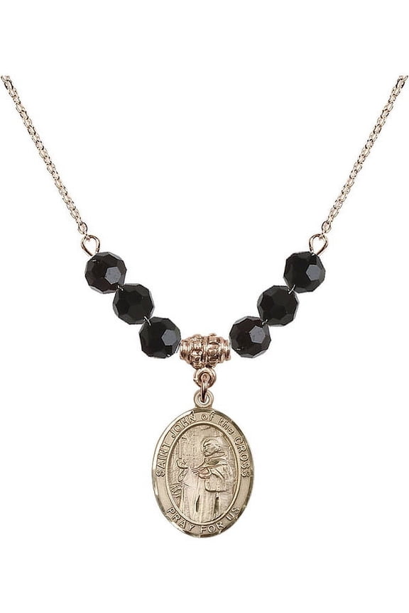 18-Inch Hamilton Gold Plated Necklace with 6mm Jet Birth Month Stone Beads and Saint John of the Cross Charm