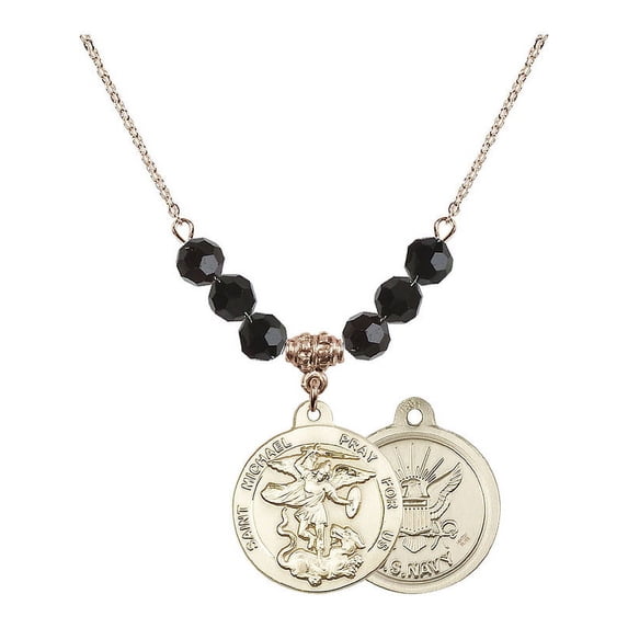 18-Inch Hamilton Gold Plated Necklace with 6mm Jet Birth Month Stone Beads and Saint Michael / Navy Charm