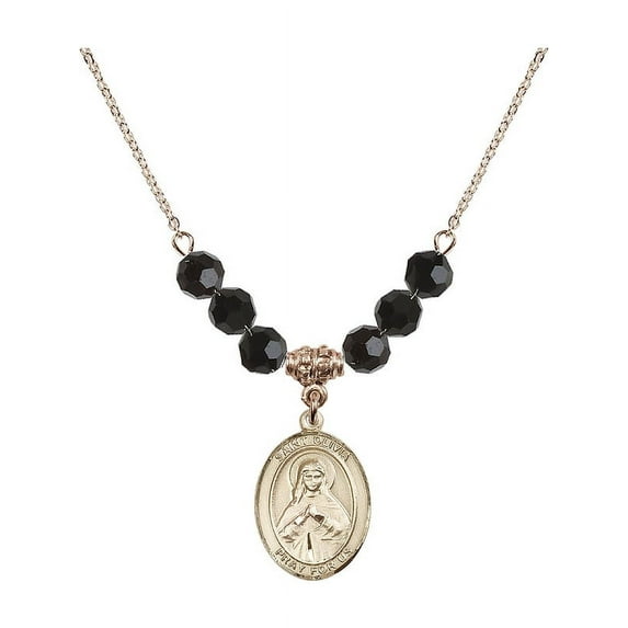 18-Inch Hamilton Gold Plated Necklace with 6mm Jet Birth Month Stone Beads and Saint Olivia Charm