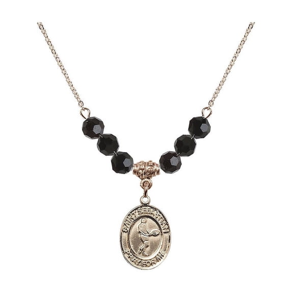 18-Inch Hamilton Gold Plated Necklace with 6mm Jet Birth Month Stone Beads and Saint Sebastian/Tennis Charm