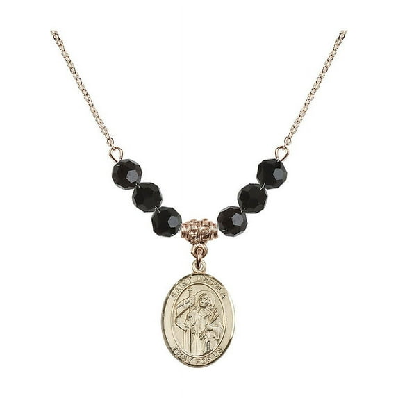 18-Inch Hamilton Gold Plated Necklace with 6mm Jet Birth Month Stone Beads and Saint Ursula Charm