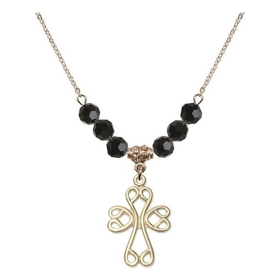 18-Inch Hamilton Gold Plated Necklace with 6mm Jet Birth Month Stone Beads and Scroll Cross Charm