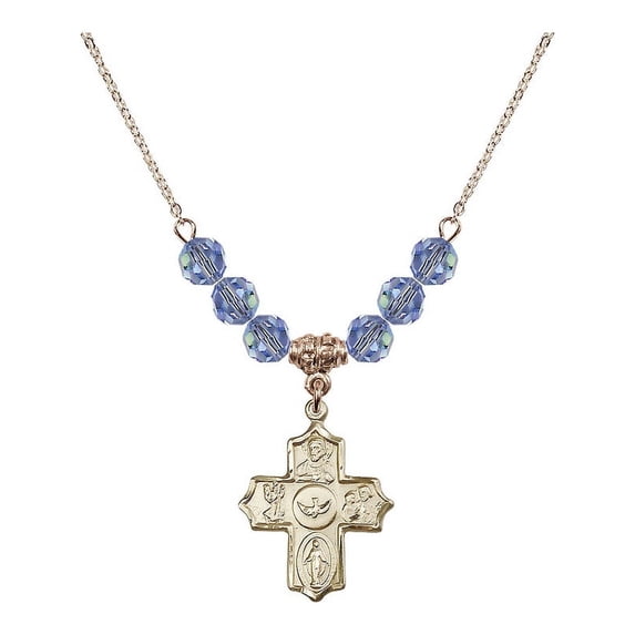 18-Inch Hamilton Gold Plated Necklace with 6mm Light Blue September Birth Month Stone Beads and 5-Way Charm