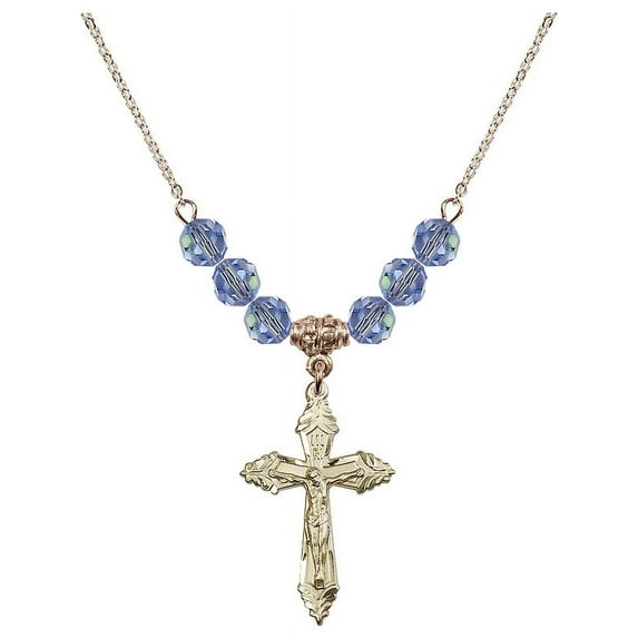 18-Inch Hamilton Gold Plated Necklace with 6mm Light Blue September Birth Month Stone Beads and Crucifix Charm