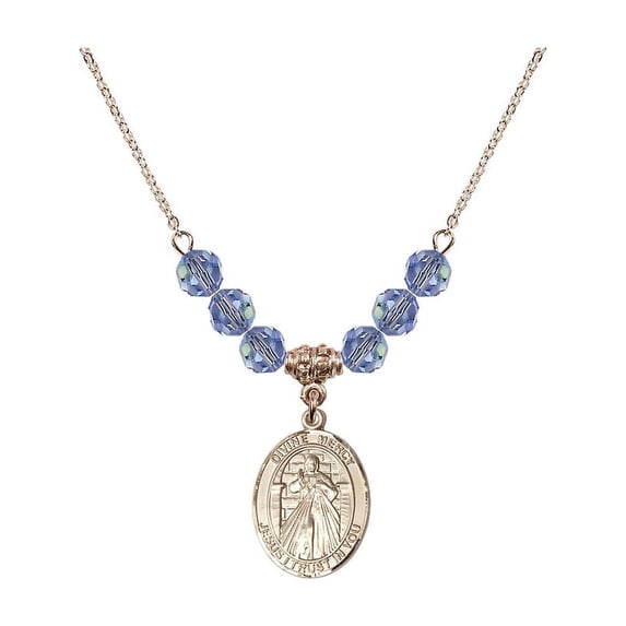 18-Inch Hamilton Gold Plated Necklace with 6mm Light Blue September Birth Month Stone Beads and Divine Mercy Charm