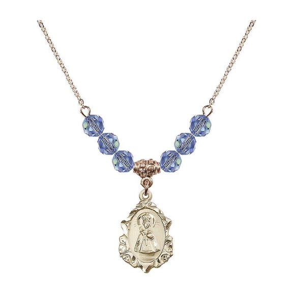 18-Inch Hamilton Gold Plated Necklace with 6mm Light Blue September Birth Month Stone Beads and Infant of Prague Charm