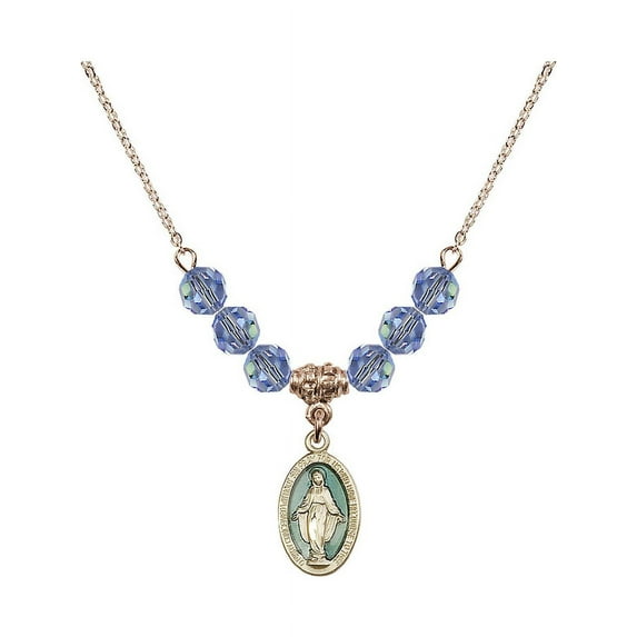18-Inch Hamilton Gold Plated Necklace with 6mm Light Blue September Birth Month Stone Beads and Miraculous Charm