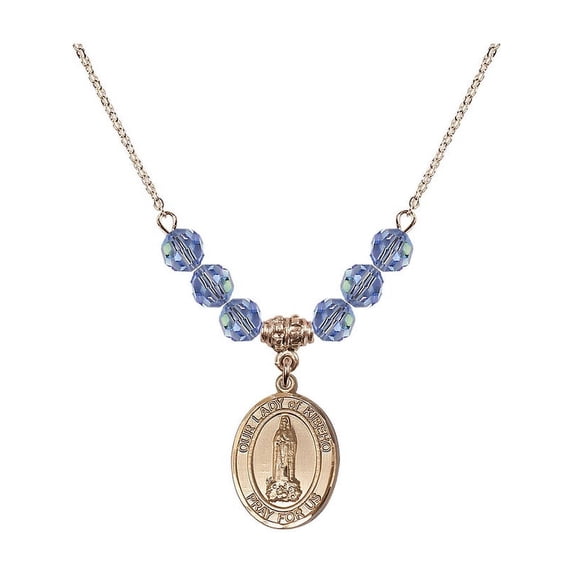 18-Inch Hamilton Gold Plated Necklace with 6mm Light Blue September Birth Month Stone Beads and Our Lady of Kibeho Charm