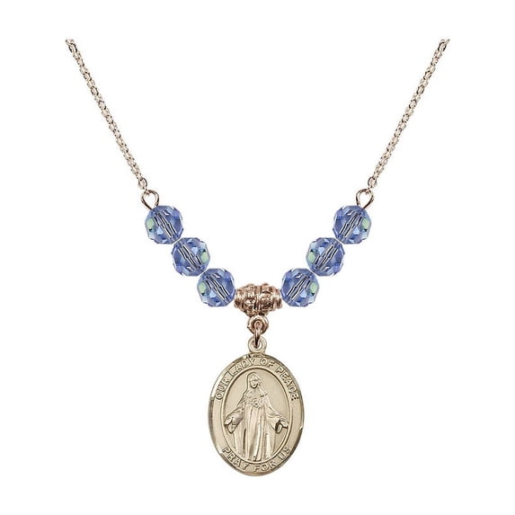 18-Inch Hamilton Gold Plated Necklace with 6mm Light Blue September Birth Month Stone Beads and Our Lady of Peace Charm