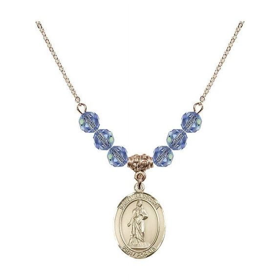 18-Inch Hamilton Gold Plated Necklace with 6mm Light Blue September Birth Month Stone Beads and Saint Barbara Charm