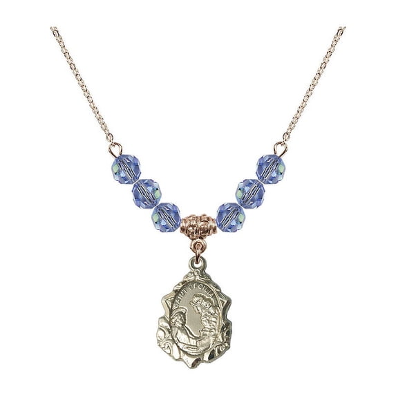 18-Inch Hamilton Gold Plated Necklace with 6mm Light Blue September Birth Month Stone Beads and Saint Cecilia Charm