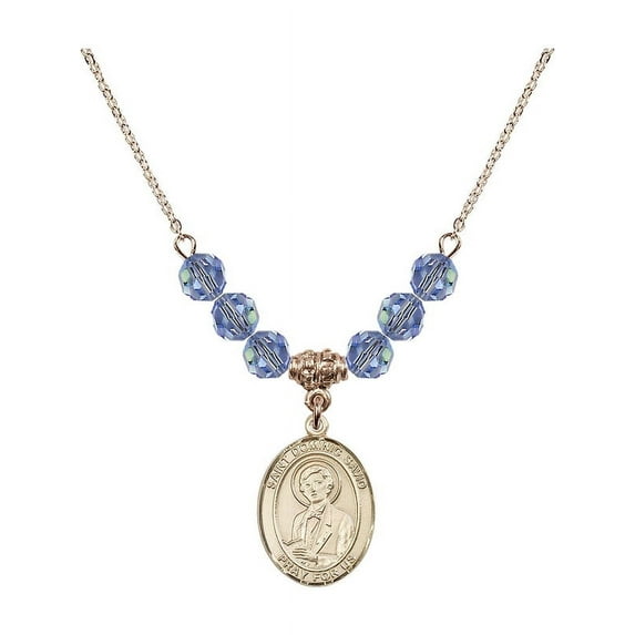 18-Inch Hamilton Gold Plated Necklace with 6mm Light Blue September Birth Month Stone Beads and Saint Dominic Savio Charm
