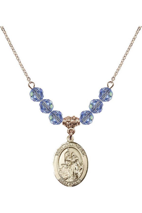 18-Inch Hamilton Gold Plated Necklace with 6mm Light Blue September Birth Month Stone Beads and Saint Joan of Arc Charm