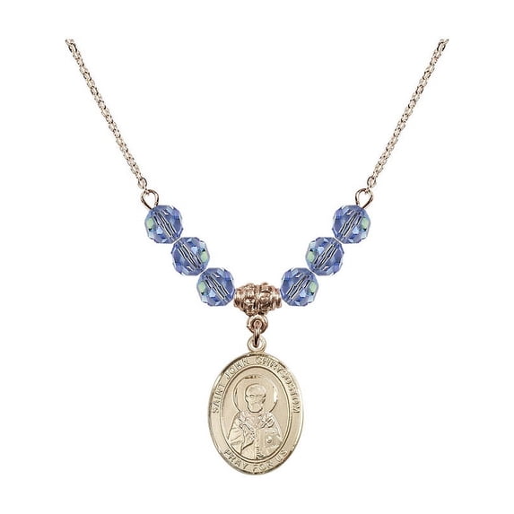 18-Inch Hamilton Gold Plated Necklace with 6mm Light Blue September Birth Month Stone Beads and Saint John Chrysostom Charm