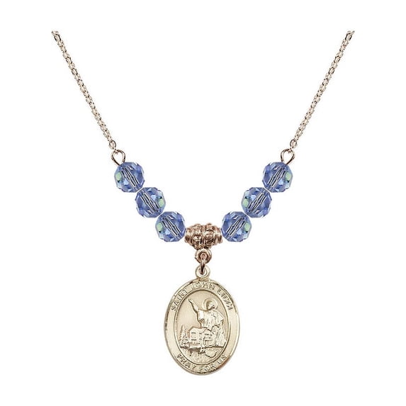 18-Inch Hamilton Gold Plated Necklace with 6mm Light Blue September Birth Month Stone Beads and Saint John Licci Charm