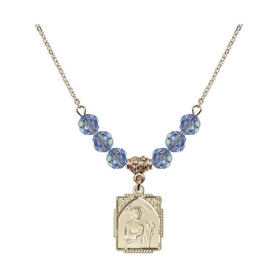 18-Inch Hamilton Gold Plated Necklace with 6mm Light Blue September Birth Month Stone Beads and Saint Jude Charm