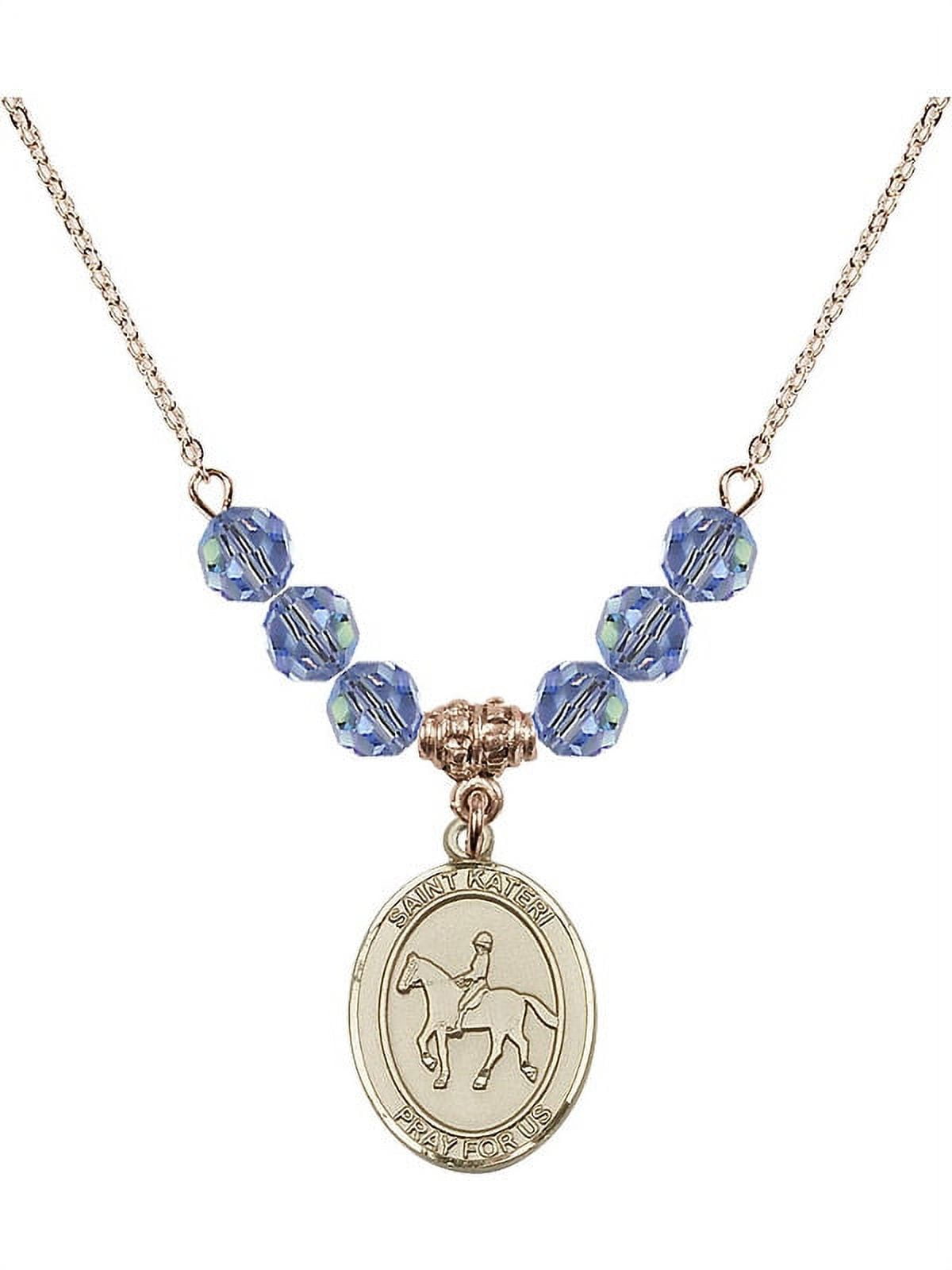 18-Inch Hamilton Gold Plated Necklace with 6mm Light Blue September Birth Month Stone Beads and Saint Kateri/Equestrian Charm