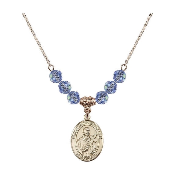 18-Inch Hamilton Gold Plated Necklace with 6mm Light Blue September Birth Month Stone Beads and Saint Martin de Porres Charm