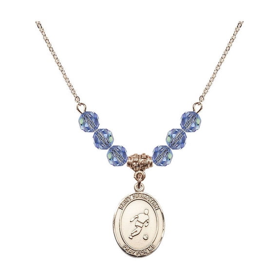 18-Inch Hamilton Gold Plated Necklace with 6mm Light Blue September Birth Month Stone Beads and Saint Sebastian/Soccer Charm