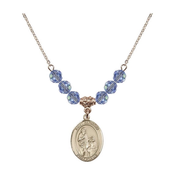 18-Inch Hamilton Gold Plated Necklace with 6mm Light Blue September Birth Month Stone Beads and Saint Zachary Charm