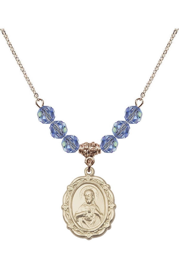18-Inch Hamilton Gold Plated Necklace with 6mm Light Blue September Birth Month Stone Beads and Scapular Charm