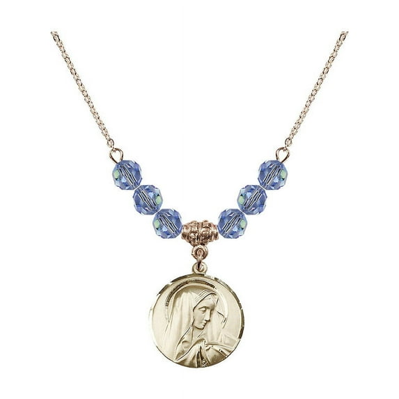18-Inch Hamilton Gold Plated Necklace with 6mm Light Blue September Birth Month Stone Beads and Sorrowful Mother Charm