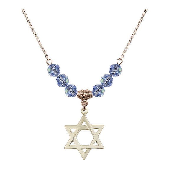 18-Inch Hamilton Gold Plated Necklace with 6mm Light Blue September Birth Month Stone Beads and Star of David Charm