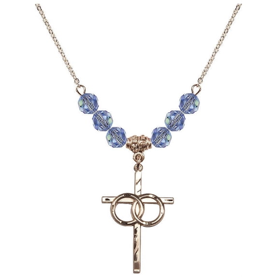 18-Inch Hamilton Gold Plated Necklace with 6mm Light Blue September Birth Month Stone Beads and Wedding Rings Cross Charm