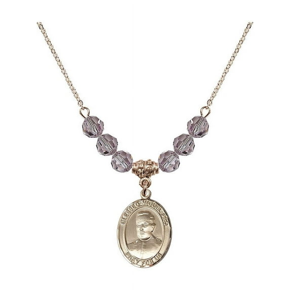 18-Inch Hamilton Gold Plated Necklace with 6mm Light Purple February Birth Month Stone Beads and Blessed Miguel Pro Charm