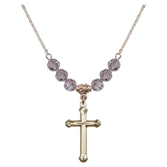 18-Inch Hamilton Gold Plated Necklace with 6mm Light Purple February Birth Month Stone Beads and Cross Charm