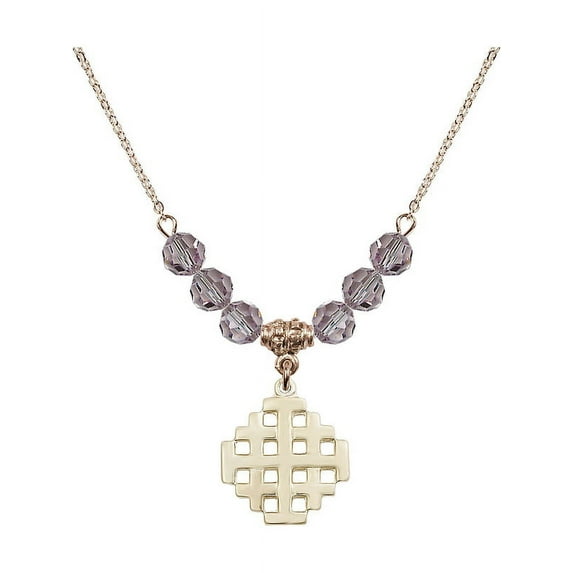 18-Inch Hamilton Gold Plated Necklace with 6mm Light Purple February Birth Month Stone Beads and Jerusalem Cross Charm