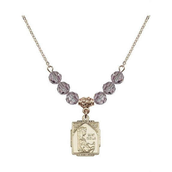 18-Inch Hamilton Gold Plated Necklace with 6mm Light Purple February Birth Month Stone Beads and Saint Cecilia Charm