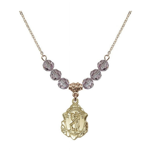 18-Inch Hamilton Gold Plated Necklace with 6mm Light Purple February Birth Month Stone Beads and Saint Christopher Charm
