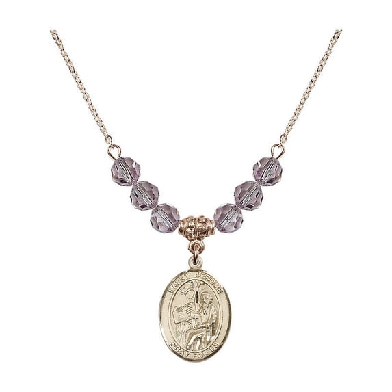 18-Inch Hamilton Gold Plated Necklace with 6mm Light Purple February Birth Month Stone Beads and Saint Jerome Charm