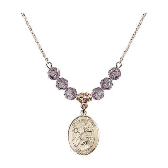 18-Inch Hamilton Gold Plated Necklace with 6mm Light Purple February Birth Month Stone Beads and Saint Kevin Charm