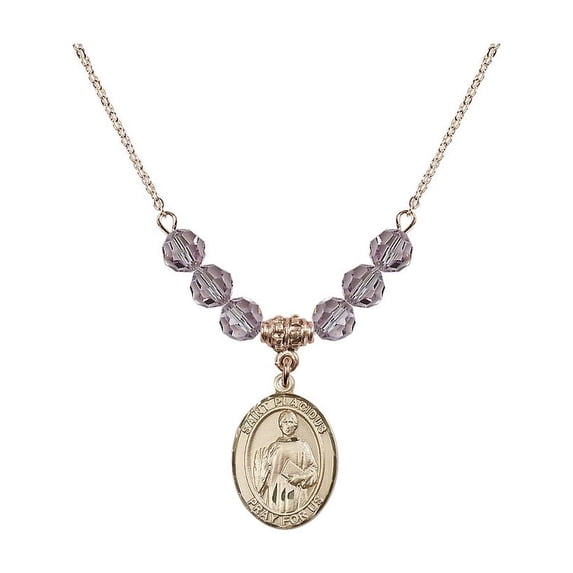 18-Inch Hamilton Gold Plated Necklace with 6mm Light Purple February Birth Month Stone Beads and Saint Placidus Charm